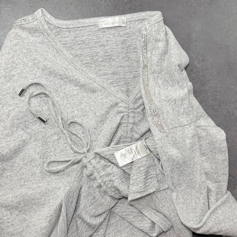 89th + Madison Gray Sweater Top L | Ruched Drawstring | Rhinestone Shoulder - Picture 4 of 4